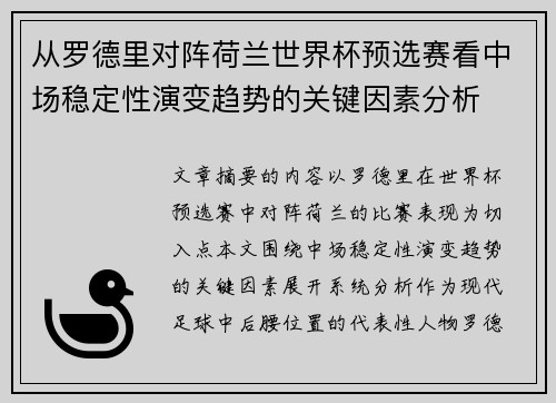从罗德里对阵荷兰世界杯预选赛看中场稳定性演变趋势的关键因素分析