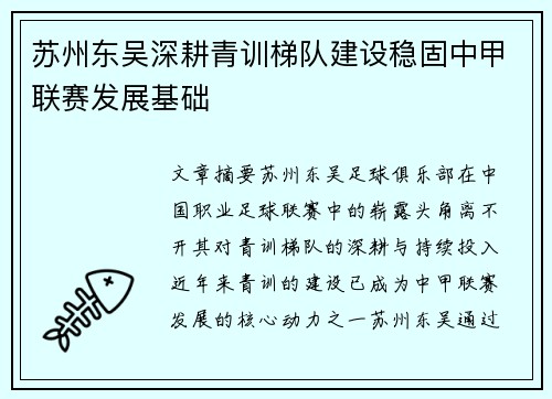 苏州东吴深耕青训梯队建设稳固中甲联赛发展基础
